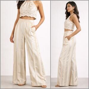 HEMANT & NANDITA Women's High rise wide Leg Trouser Pants Beige striped size M